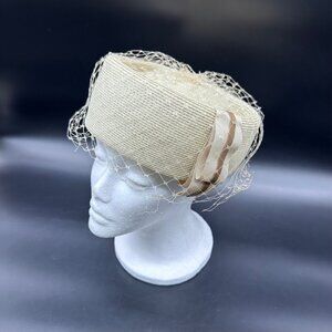 Vintage Pillbox Hat Beige Brown Mid Century Netting Ribbon Accent Union Made USA